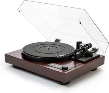 Giradischi Dual CS 718Q WN finitura noce, coperchio trasparente sollevato e piatto nero vista a tre quarti
