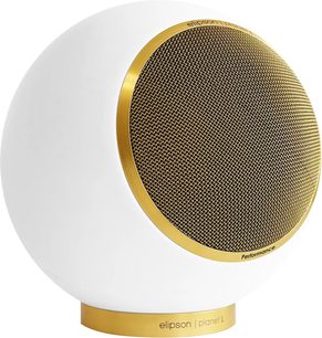 Elipson Planet L Performance boekenplankluidspreker mat wit goud met bolvormig ontwerp, ronde gouden grill en gouden voet