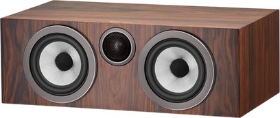 Centrinė kolonėlė Bowers & Wilkins HTM72 S3 moka spalvos, rudas medinis korpusas su dviem pilkais garsiakalbiais ir centriniu aukštadažniu garsiakalbiu