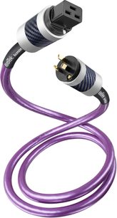 IsoTek EVO3 Ascension purple mains power cable with black and silver connectors close-up view