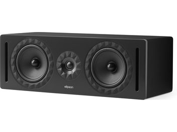 Cassa centrale Elipson Prestige Facet II 14C nera, con cabinet rettangolare a finitura opaca, vista di tre quarti anteriore destra, dotata di due woofer con bordo sfaccettato, un tweeter centrale coordinato e due condotti bass-reflex verticali alle estremità