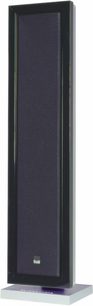 Černý sloupový reproduktor Bowers & Wilkins FPM4, pohled zepředu, na průhledném podsvíceném podstavci