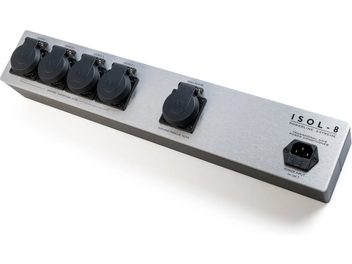 Multiprise Isol-8 PowerLine Extreme metalik gri, 6 siyah priz, siyah anahtar, üstten görünüm