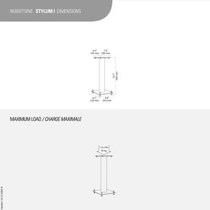 Norstone Stylum 1 svart satengstativ, teknisk skjema med dimensjoner i front- og sidesyn