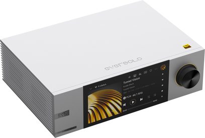 Verkkosoitin DMP-A6 Master Edition Gen 2, hopeanvärinen suorakaiteen muotoinen kotelo, keskellä värinäyttö, oikealla musta pyöreä painike