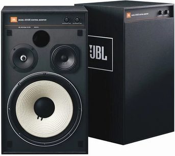 JBL 4312 EBK, sort bogreolhøjttaler, set forfra og fra siden, synlig højttaler, diskant, basrefleksport