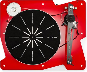 Platina de vinilo Vertere Acoustics Pack DGX Sabre roja vista desde arriba, base de acrílico rojo translúcido, plato circular negro calado, brazo de lectura gris y polea del motor de aluminio plateado