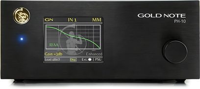 Črni Gold Note PH-10 predojačevalnik za gramofon, sprednji pogled, grafični zaslon, gumbi in priključki na sprednji ploščici iz krtačenega aluminija