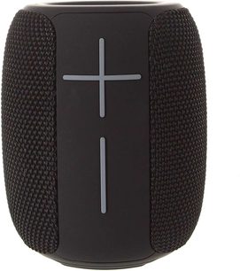 Bluetooth-højttaler Yourban Getone 25 sort, set forfra, cylindrisk form, tekstureret overflade, lodrette plus- og minusknapper