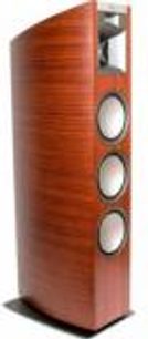 Klipsch P37F Merlot gulvhøjttaler i mørkerødt lakeret træ, set forfra i let skråt perspektiv, 3 runde højttalere