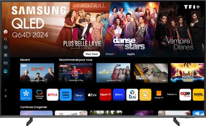 Samsung TQ65Q64D 2024 Hochauflösungs-Fernseher, Bildschirm zeigt Vorschaubilder von Streaming-Serien und -Apps