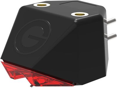 Sort Goldring E1 pladespiller-pickup, set ovenfra og fra siden, med rød nåle