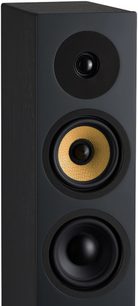 Diffusore da pavimento Davis Acoustics Krypton 6 Technik nero, vista parziale angolata, frontale con 3 altoparlanti circolari allineati