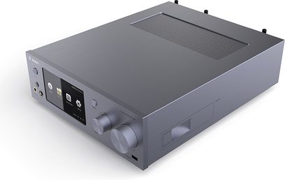 Zidoo NEO X multimedieafspiller i grå, set forfra, med børstet aluminiumsfront, LCD-skærm, knapper og tilslutningsmuligheder