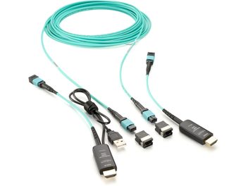 Καλώδιο HDMI Ultra High Speed Optical Fiber MPO 20m, άποψη από πάνω, θήκη σε τυρκουάζ χρώμα, συνδέσεις μαύρες και τυρκουάζ, περιλαμβάνονται αντάπτορες.