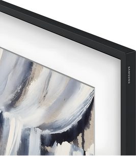 Samsung The Frame TQ43LS03HE-tv i sort med slank ramme, nærbillede af et hjørne med skærm i maleristil