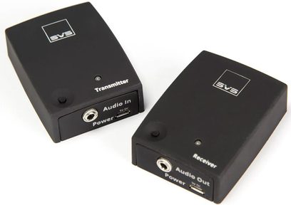 SVS SoundPath black wireless audio transmitter, front and back view, with audio connector and power button