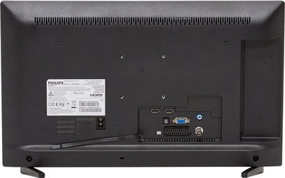 Bagside af Philips 22PFH4000 TV, HDMI- og VGA-stik, hovedtelefonstik, kontrolknapper på højre side