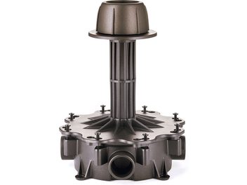 Supporto per altoparlante Garden Oasis, scatola del condotto, vista frontale, base circolare scanalata con 8 viti, colonna centrale scanalata, sommità cilindrica