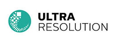 Ultra Resolution-logo på hvid baggrund, pixeleret turkis cirkel til venstre for sort tekst i store bogstaver