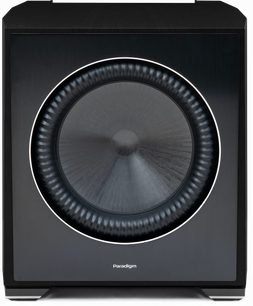 Reproduktor Paradigm XR 13 v černém dřevěném provedení, pohled zepředu, centrální kruhový reproduktor, stříbrný lem, černá krychlová skříň