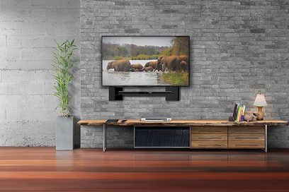 Træ-TV-møbel med elefanter på skærmen, sort soundbar og grøn plante foran grå murstenvæg
