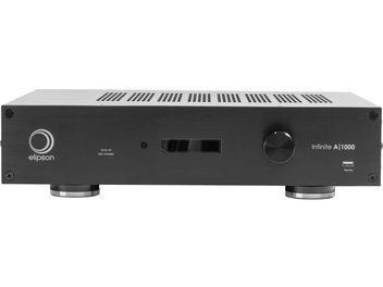 Wzmacniacz stereo Elipson Infinite A1000, widok z przodu, czarna obudowa z otworami wentylacyjnymi, przyciskami i portami USB, wejściem pomocniczym