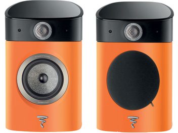 Focal Sopra N°1 boghøjttaler orange, set forfra, 2 enheder, orange kabinet, højttaler synlig til venstre, sort gitter til højre