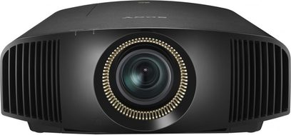 Sony VPL-VW500ES sort videoprojektor, set forfra, centreret linse omgivet af en rund, gylden gitterramme, afrundet form