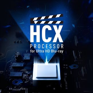 Mėlyno spausdintojo grandinės vaizdas su metaliniu procesoriumi ir šviesos spinduliu, tekstas „HCX Processor“