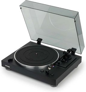 Giradischi hi-fi Thorens TD 101 A nero opaco, vista a 3/4 anteriore sinistra con coperchio antipolvere trasparente sollevato