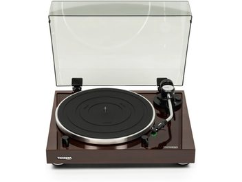 Thorens TD 204 A turntable in walnut wood, with open lid and tonearm on the record