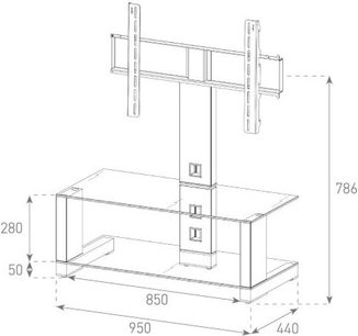 Glas- og metalfjernsyngsbord med 2 hylder, 2 døre og TV-holder, dimensioner i mm angivet på den tekniske tegning