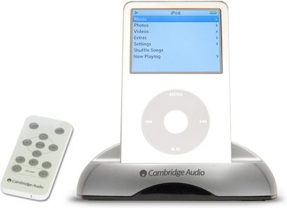 Cambridge Audio iD10 sølv dockingstation, iPod-dock, drejeknap, LCD-skærm, fjernbetjening, produktbillede