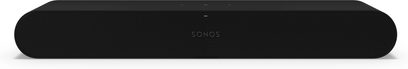 Sonos Ray svart lydplanke, rektangulær langstrakt form, svart grill på forsiden, "SONOS"-logoen i midten