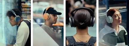 Fyra personer bär trådlösa over-ear-hörlurar i grått, orange, svart och vitt