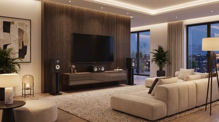 Bej kanepeli, koyu çıtalı TV ünitesi, hoparlörler ve geniş camlı pencerelere sahip çağdaş salon