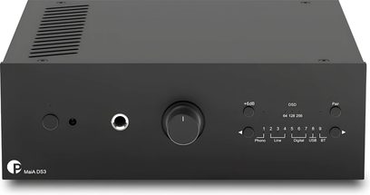 Integrert stereoforsterker Pro-Ject MaiA DS3 svart, forfra sett, enkel front med stor sentral dreieknapp og hodetelefonutgang