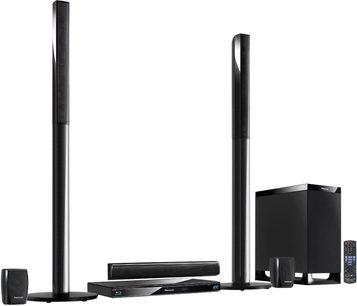Panasonic SC-BTT770EGK home theater system consisting of two tower speakers, a subwoofer, a soundbar, and a Blu-ray player, front view