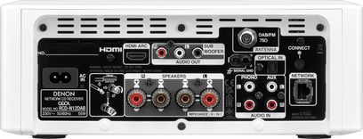 Mini Hi-Fi-anlæg Denon CEOL RCD-N12DAB + SC-N10 hvid, bagsidevisning, tilslutninger HDMI ARC, audio, phono, antenne, netværk og højttalere
