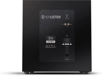 Perlisten R15s bassikõlar, tagantvaade, must ühenduspaneel, audiopistikud, metallist jalad, sile pind
