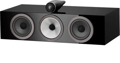 Caixa central Bowers & Wilkins HTM71 S3 preto lacado com três altifalantes na frente e tweeter na parte superior