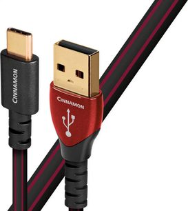 Kabel USB Audioquest Cinnamon USB A do C 1,5m, złote złącza, czarna i czerwona osłona, widok z profilu i z przodu