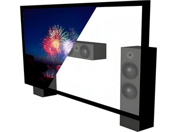 Lumene Movie Palace UHD 4K Acoustic 350P fixed screen with two integrated speakers, displaying a colorful fireworks display against a night blue background