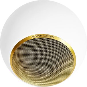 Witte bolvormige luidspreker met een gouden cirkelvormig rooster en een gouden ring met de inscriptie "elipson planet L"