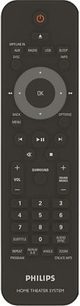 Sort Philips HTS4600 fjernbetjening, set forfra, med knapper til at styre et hjemmebiografsystem, numerisk tastatur og navigationsdrejeknap