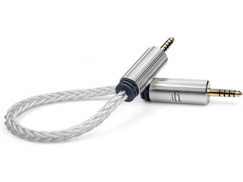 Szimmetrikus 4,4 mm–4,4 mm iFi Audio kábel, ezüst színű fonott köpeny, bordázott fém dugók aranyozott érintkezőkkel
