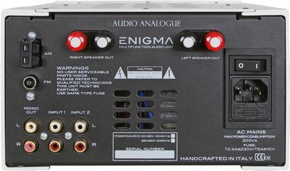 Sort Enigma Audio Analogue-forstærker, frontpanel med knapper, stik og indikatorer, set forfra