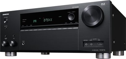 Onkyo TX-RZ710 sort hjemmebiografsforstærker, frontvisning, grønt display "DTS:X", kontrolknapper og -hjul, HDMI-port
