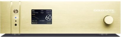 Gold Note PH-1000 phono-forforstærker med guldfinish på frontpanelet, digitalt display, drejeknap og logo til venstre